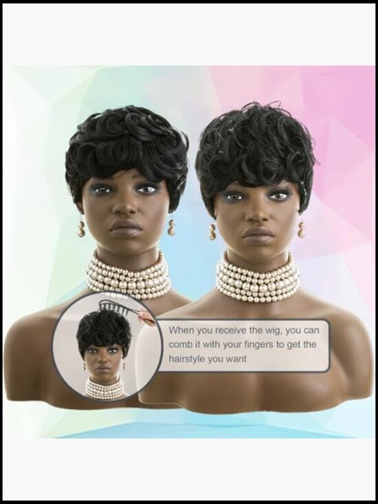 Pixie Cut Wig Short Curly Wavy Synthetic Hair with Bangs Glueless 130% Density